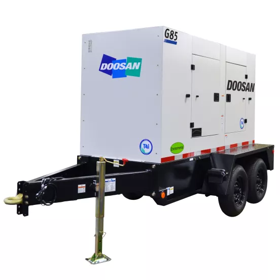 White and black DOOSAN 65-70 kW Towable Generator, Tier 4 Diesel